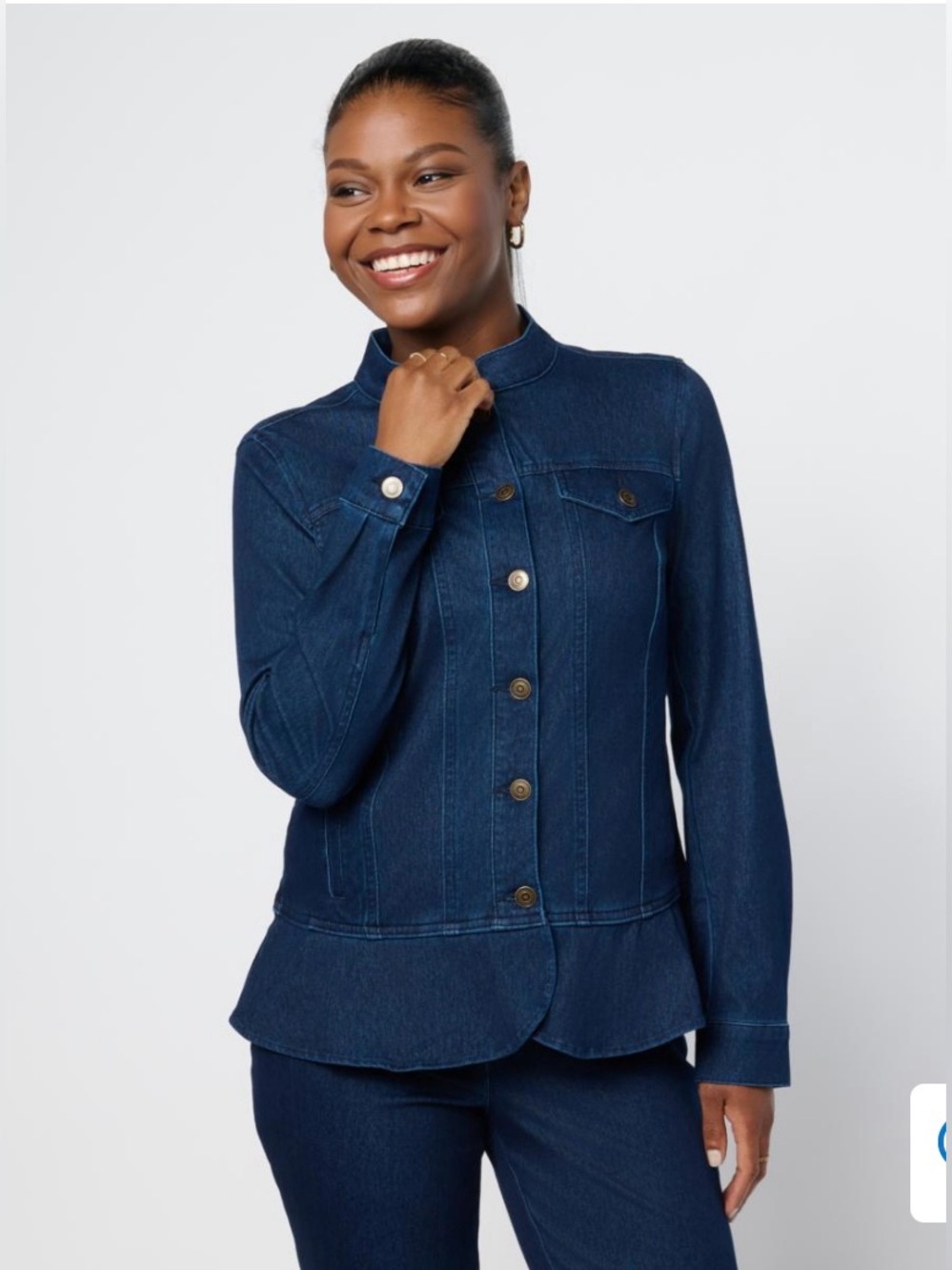Nina Leonard Button-Front Stretch Knit Denim Jacket Indigo Denim Peplum 3X Plus